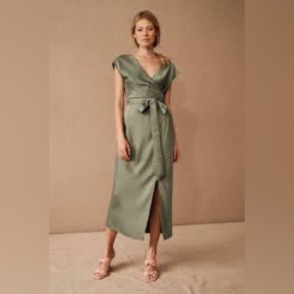 Bhldn Louisa Satin Charmeuse Green Midi Dress Wedding Party Size 6 Bridal Wrap